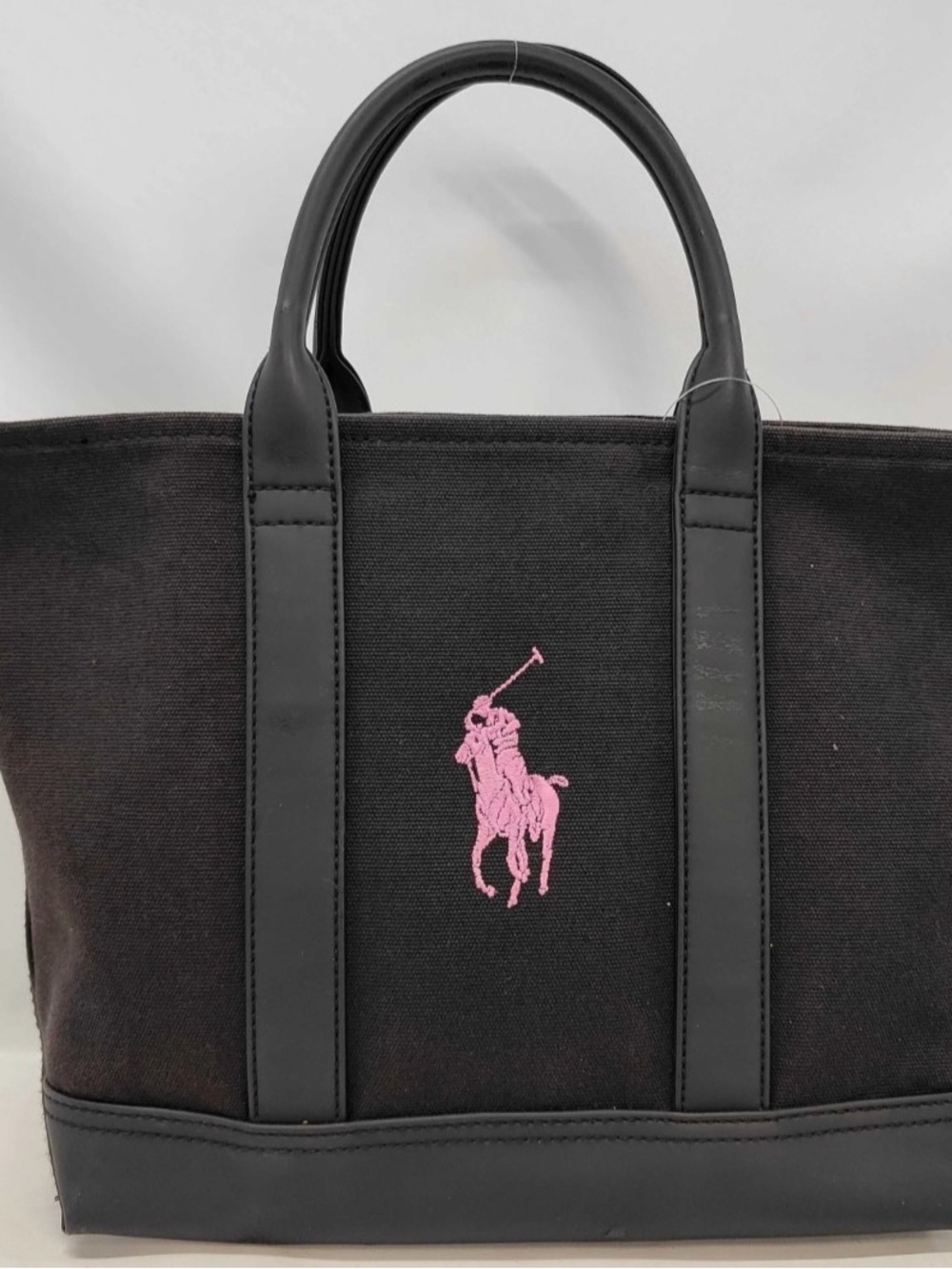 Ralph Lauren Black Canvas Tote with Pink Polo Emblem